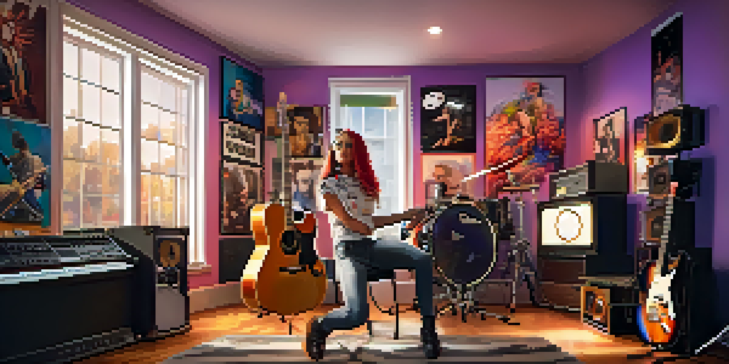 A young woman with colorful hair playing an electric guitar in a modern home studio filled with instruments and sound equipment.