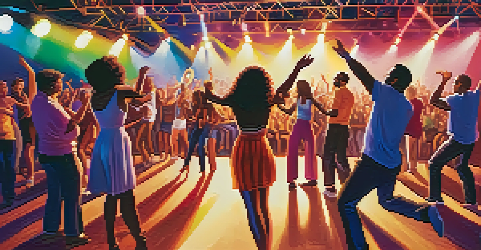 A lively concert scene with a diverse audience enjoying live music under colorful stage lights.