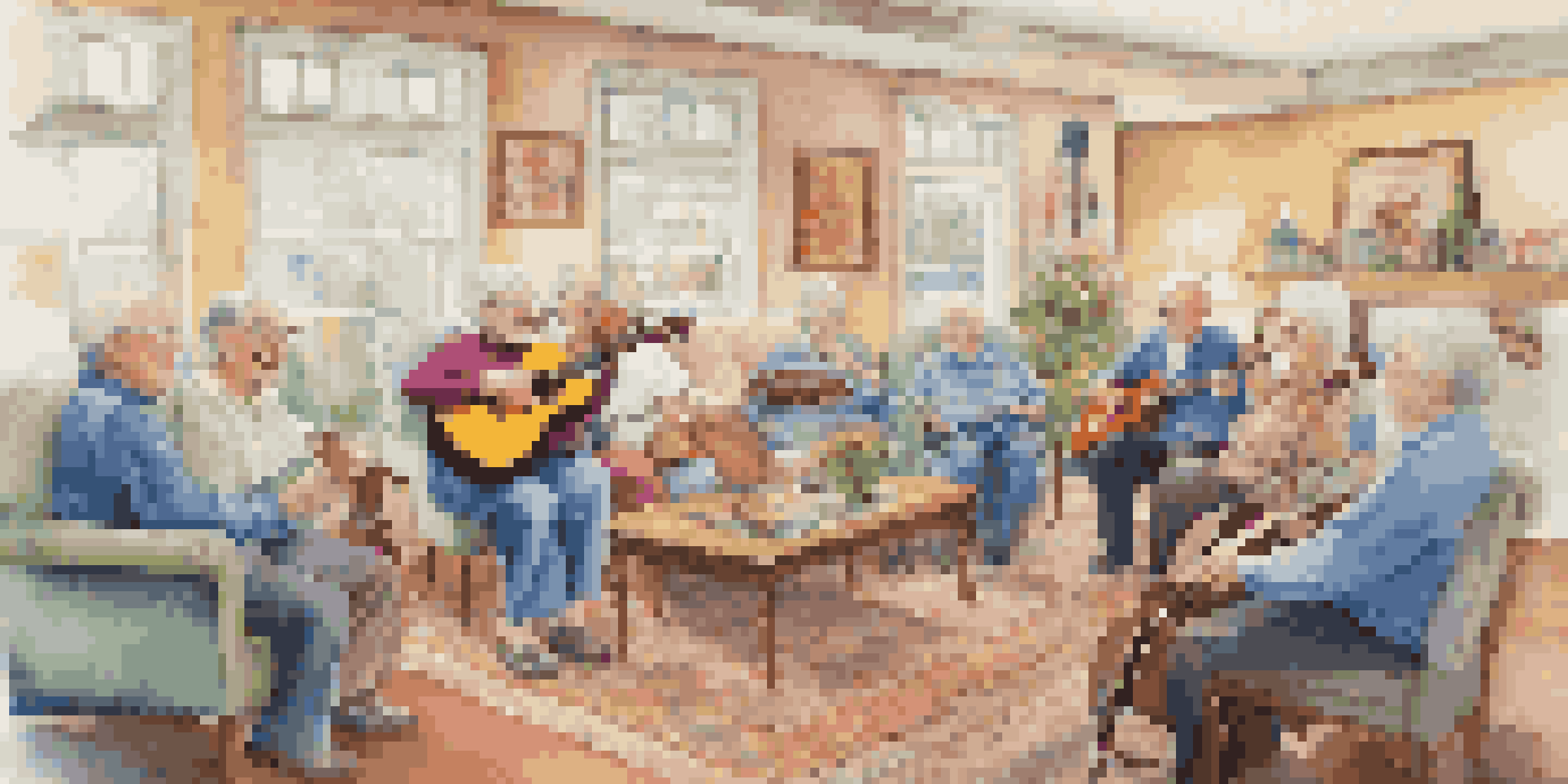 Elderly individuals singing together in a bright and inviting living room, surrounded by musical instruments and colorful decorations.