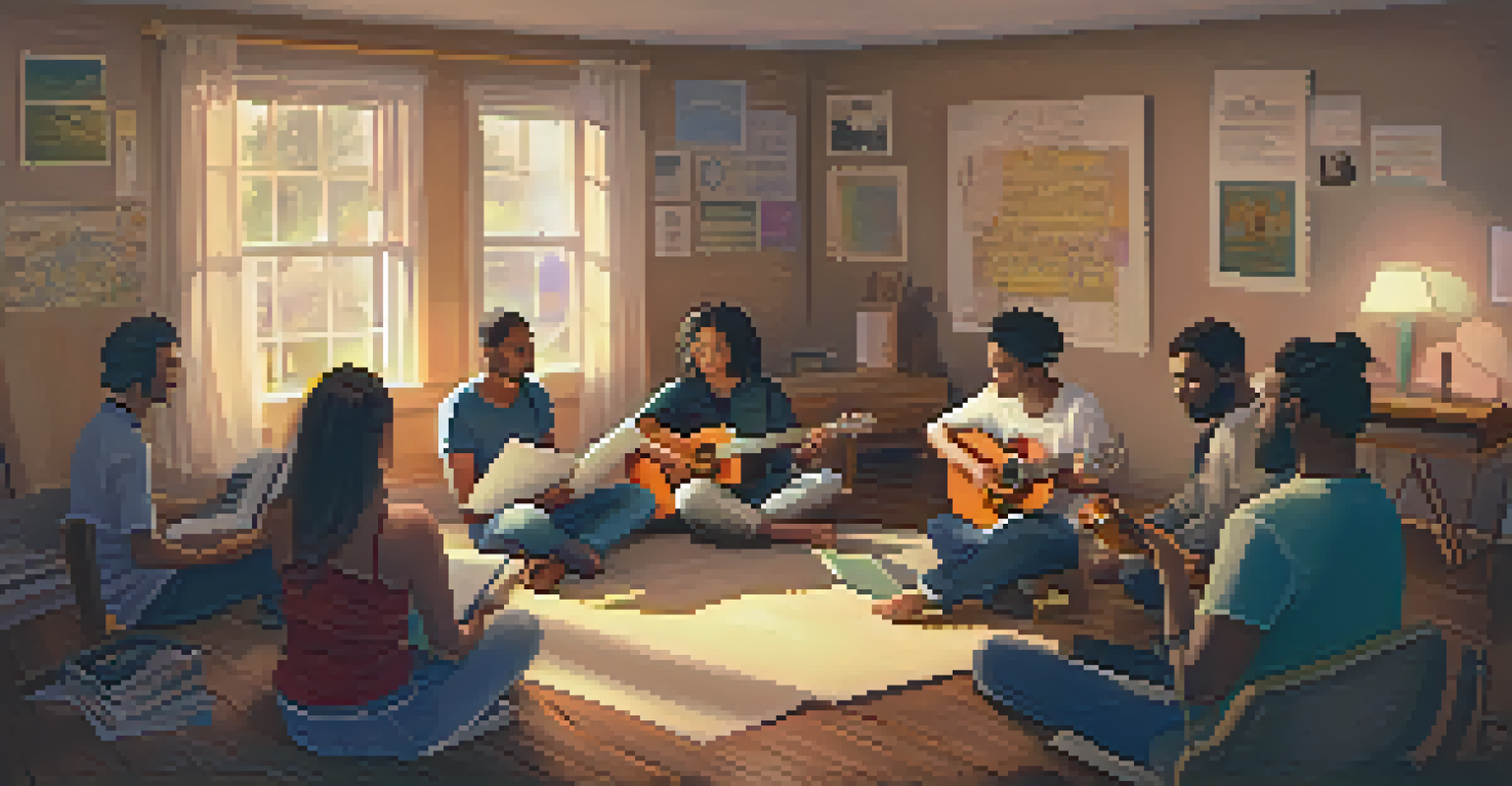A cozy songwriting workshop with participants sharing ideas and writing lyrics in a warm and inviting atmosphere, surrounded by musical instruments.