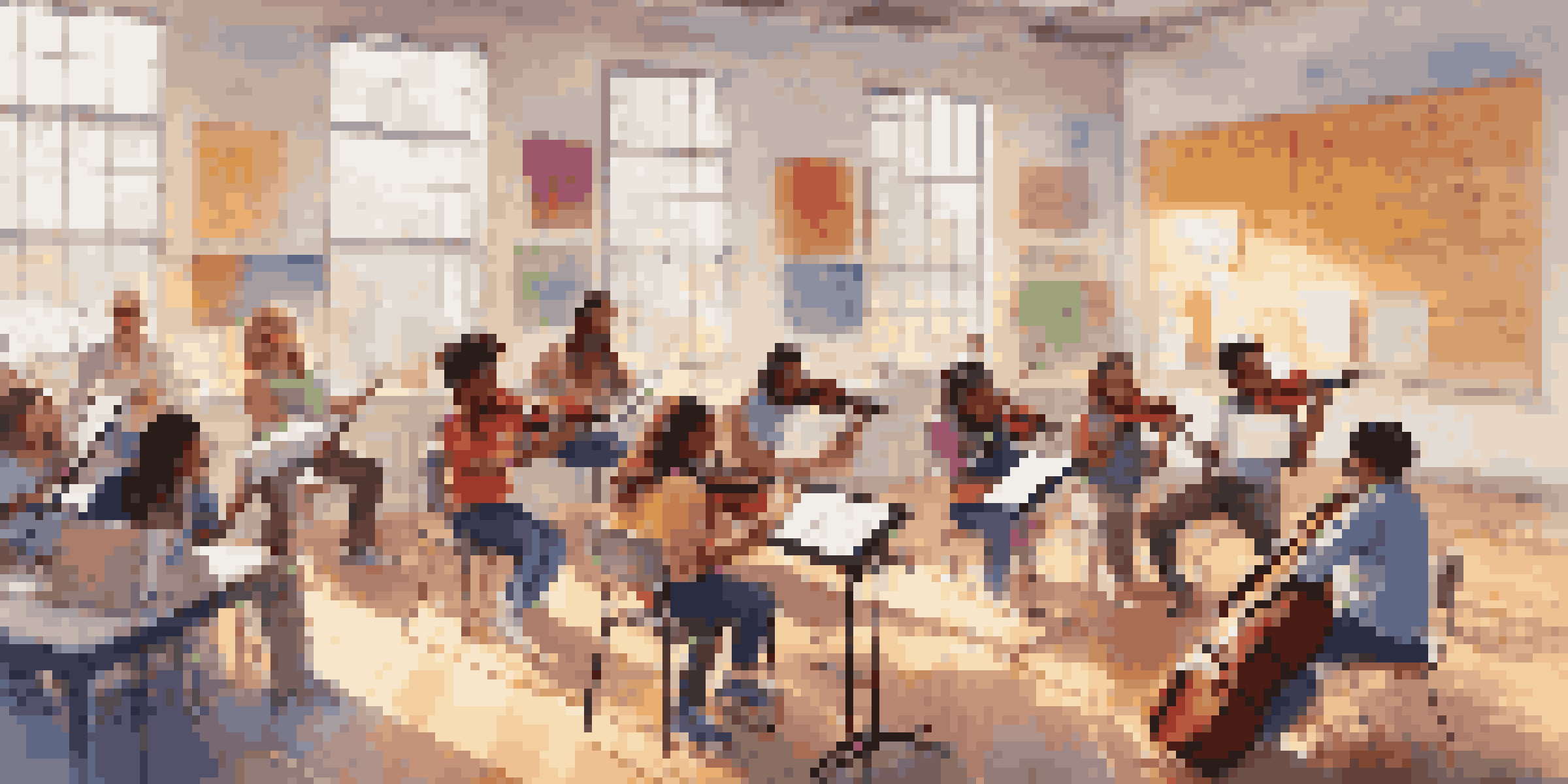 A diverse group of students in a music classroom, learning about different instruments and music theory with a teacher.
