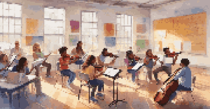 A diverse group of students in a music classroom, learning about different instruments and music theory with a teacher.