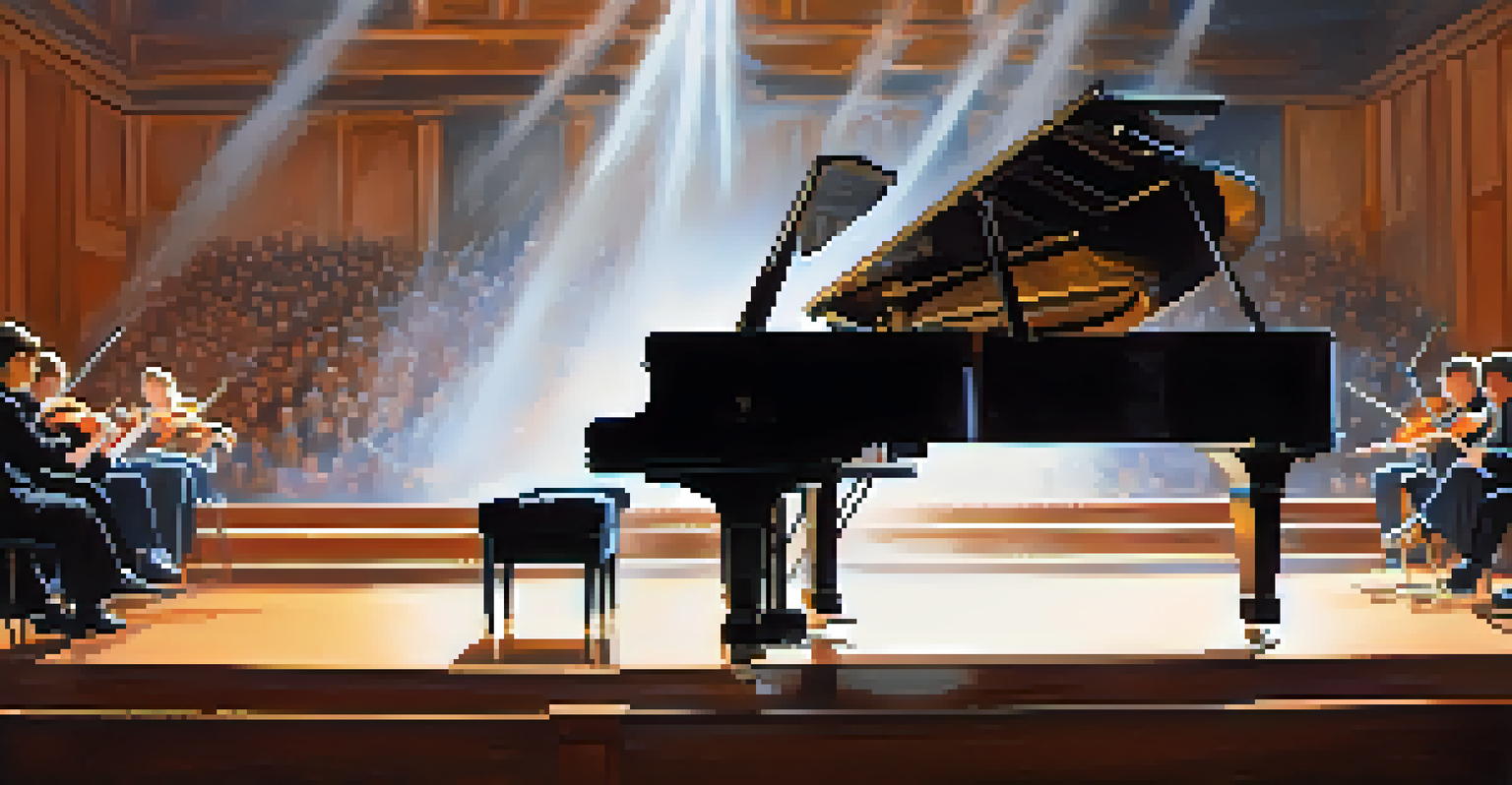 A student playing a grand piano in an auditorium with soft lighting, expressing emotion through music.