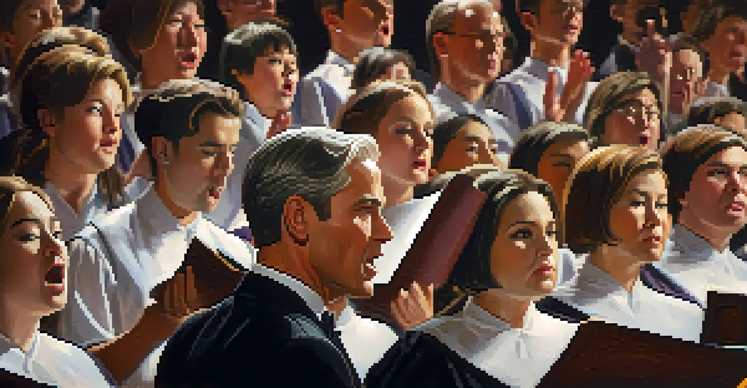 A close-up of a conductor leading a choir with expressive gestures and focused expression.