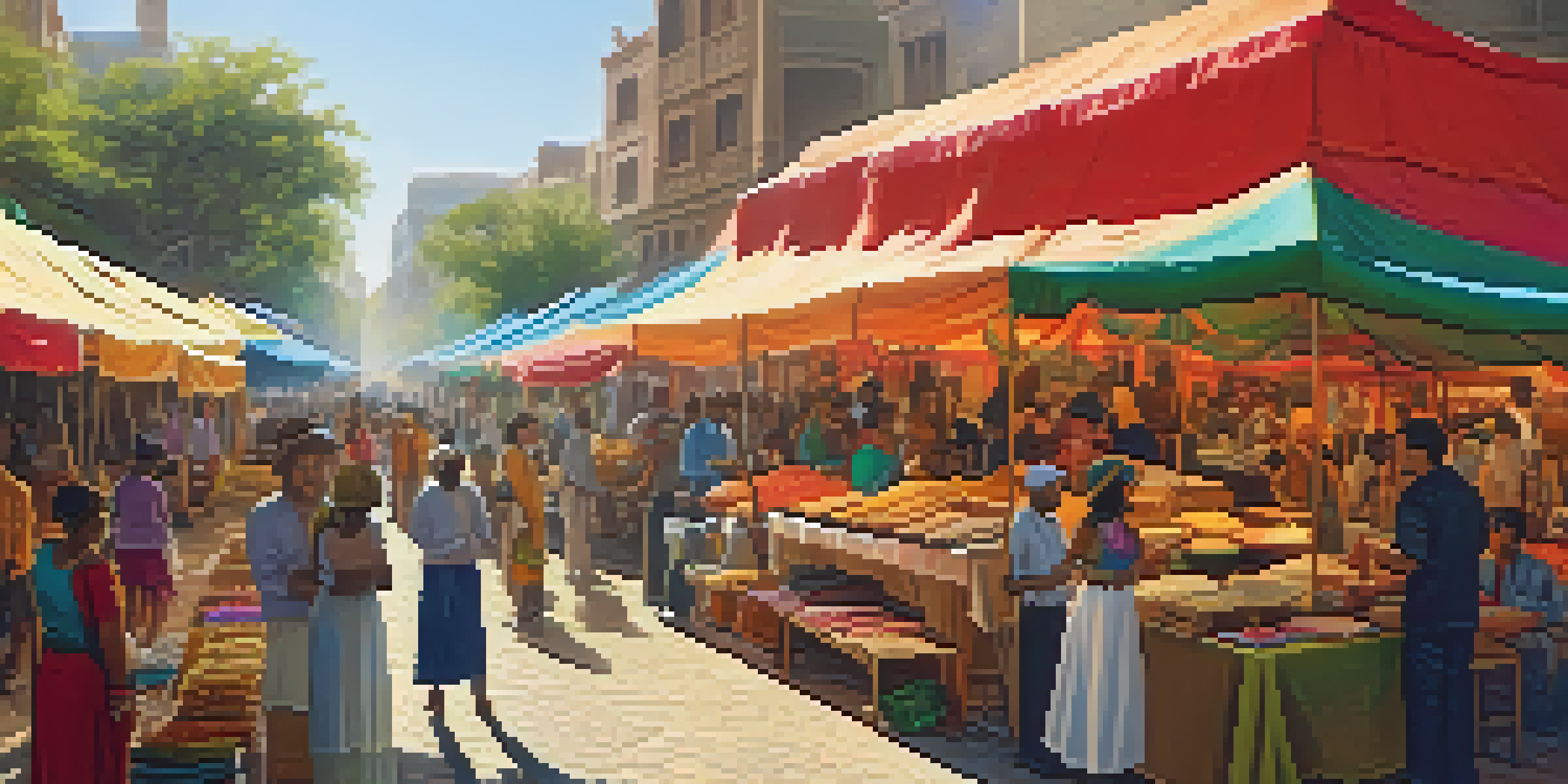 A bustling street market with people of different cultures, colorful canopies, food stalls, and musicians performing.