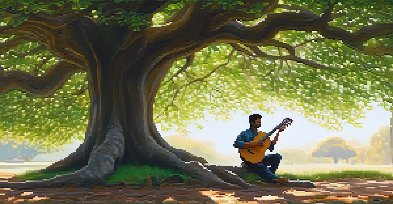 A musician playing a sitar under a tree, with sunlight filtering through the leaves, creating a peaceful and serene atmosphere.
