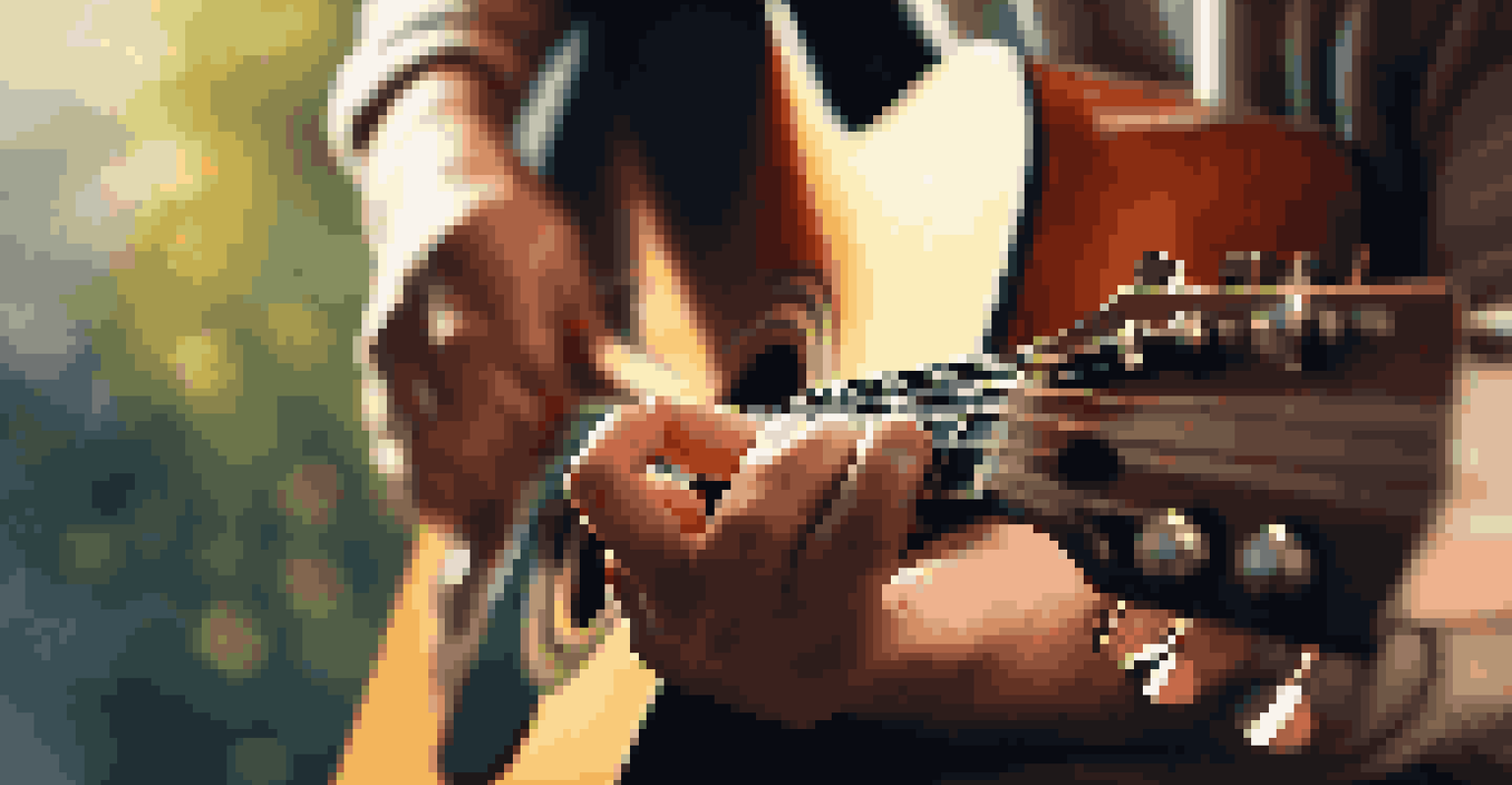 Close-up of hands playing an acoustic guitar, with a soft-focused background of warm lights, symbolizing emotional expression through music.