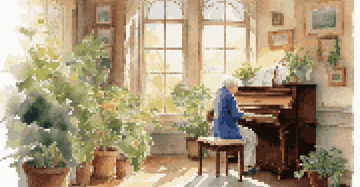 An elderly person playing piano in a sunlit room with houseplants and a garden view.