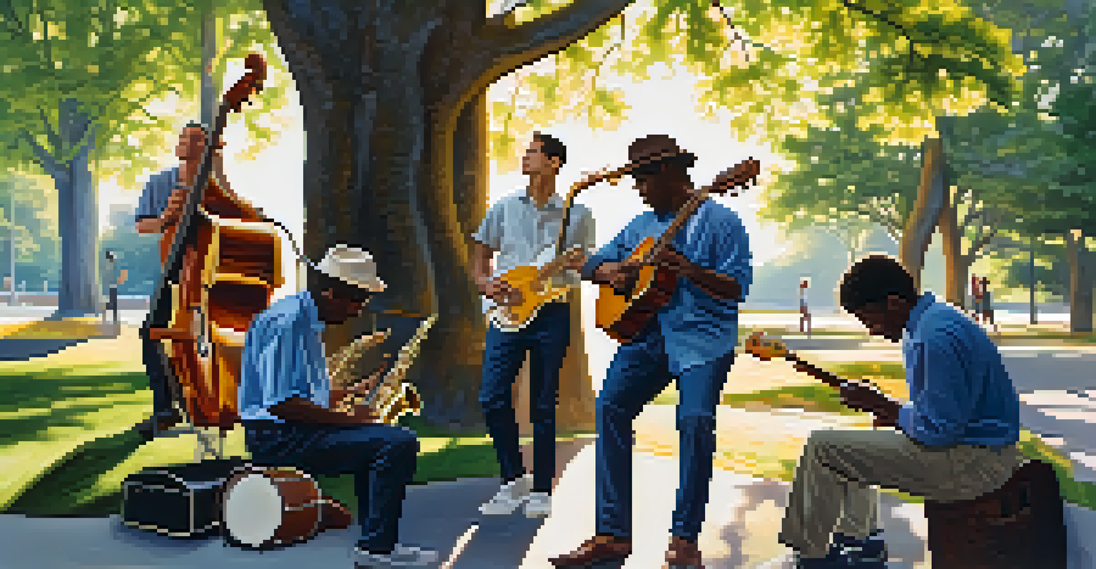 A group of musicians jamming in a park, enjoying a sunny day with instruments like a saxophone and guitar.