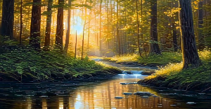 A tranquil forest scene at sunset with glowing music notes represented as wisps floating among the trees.