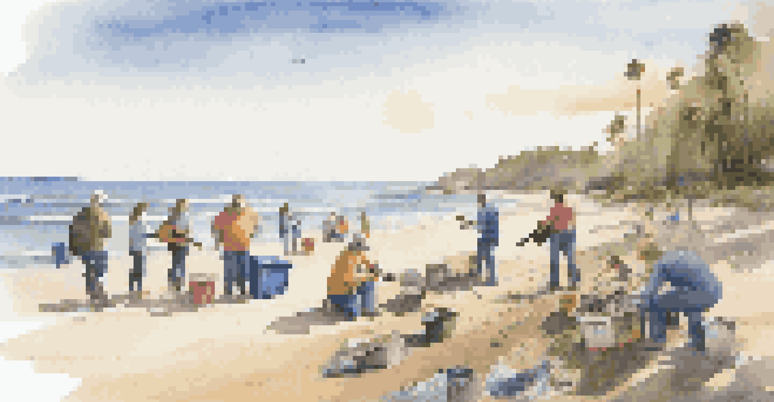 Musicians playing guitars at a beach clean-up event with volunteers collecting trash along the shore.