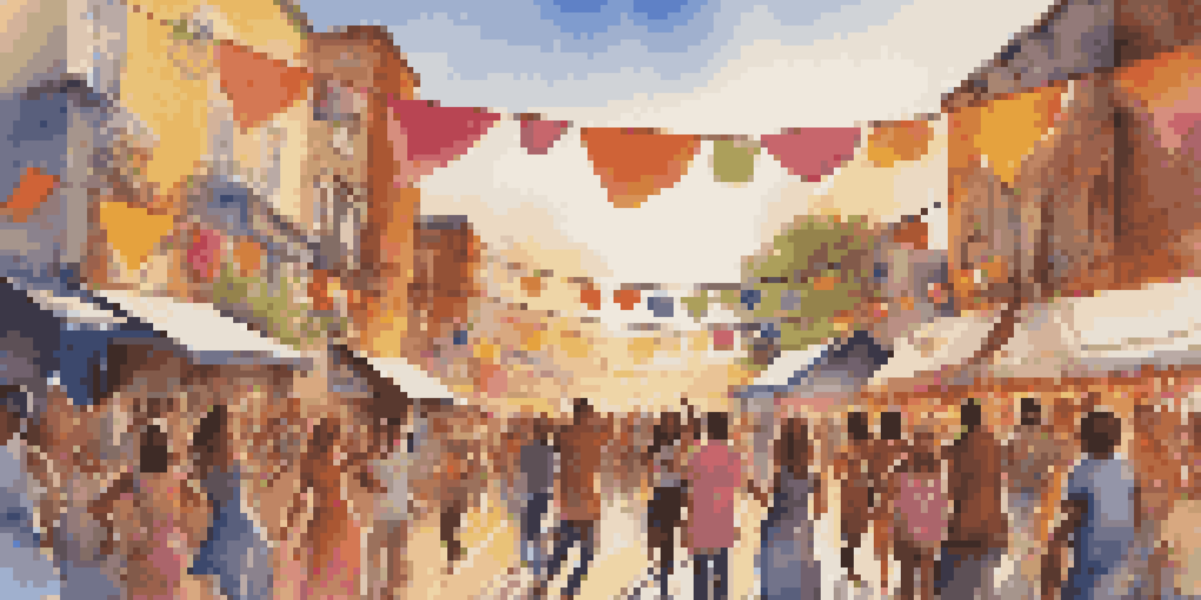 A lively music festival scene with people of different backgrounds dancing and enjoying performances under a colorful sunset.
