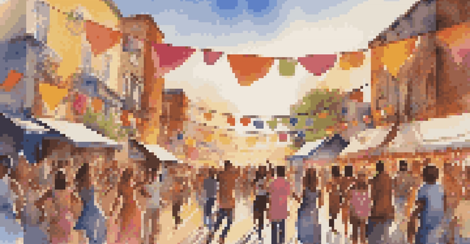 A lively music festival scene with people of different backgrounds dancing and enjoying performances under a colorful sunset.