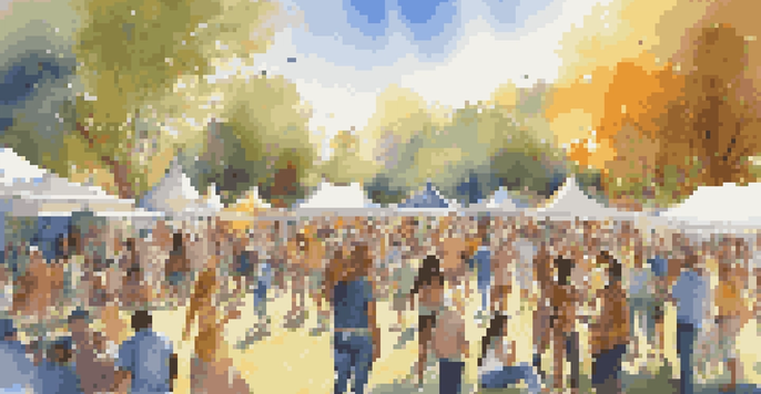 A diverse group of people enjoying a music festival in a park, dancing and celebrating under a bright blue sky.