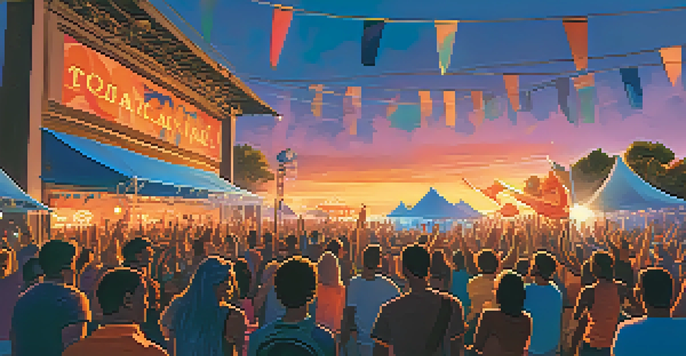 A lively outdoor music festival at sunset, featuring a diverse crowd of young people dancing and banners with political messages.