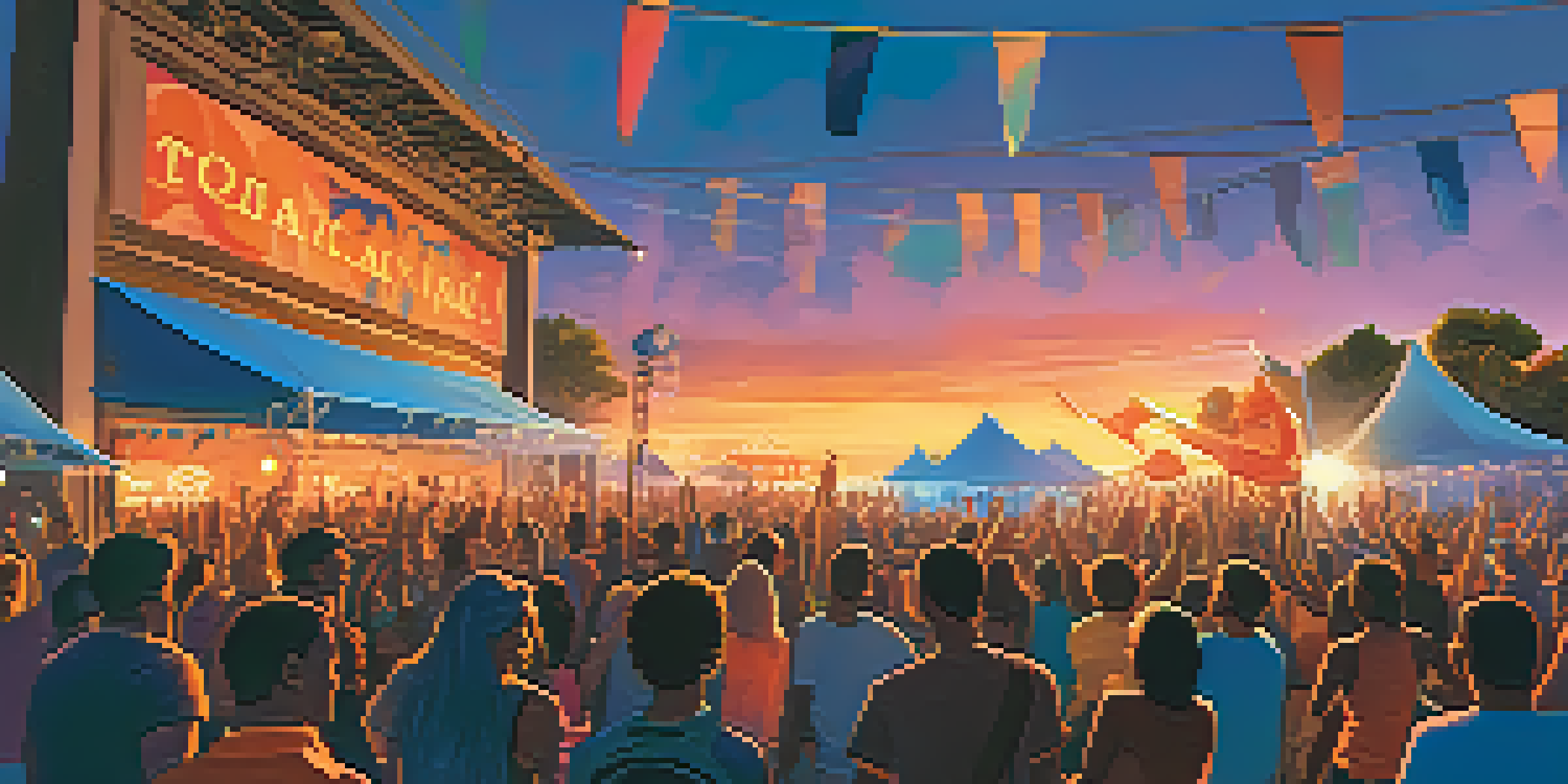 A lively outdoor music festival at sunset, featuring a diverse crowd of young people dancing and banners with political messages.