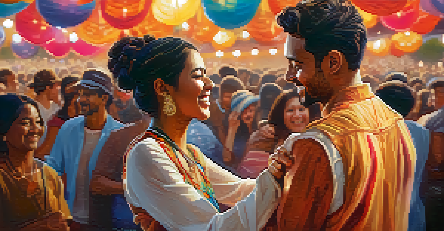 Two festival attendees, one in traditional attire and the other in modern clothing, sharing a joyful dance amidst the crowd, illuminated by soft lighting.