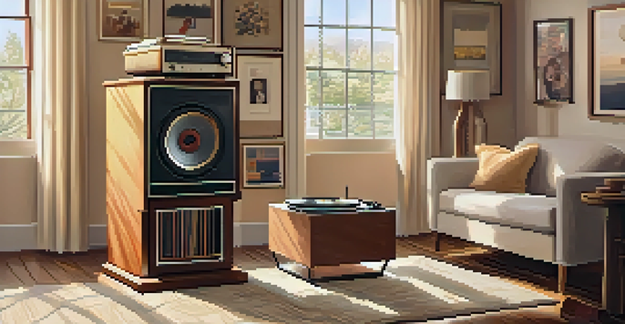 A warm and inviting living room with sunlight pouring in through an open window, a vintage record player, and family photographs on the wall.