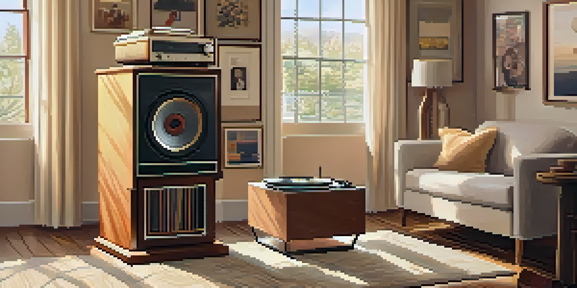 A warm and inviting living room with sunlight pouring in through an open window, a vintage record player, and family photographs on the wall.