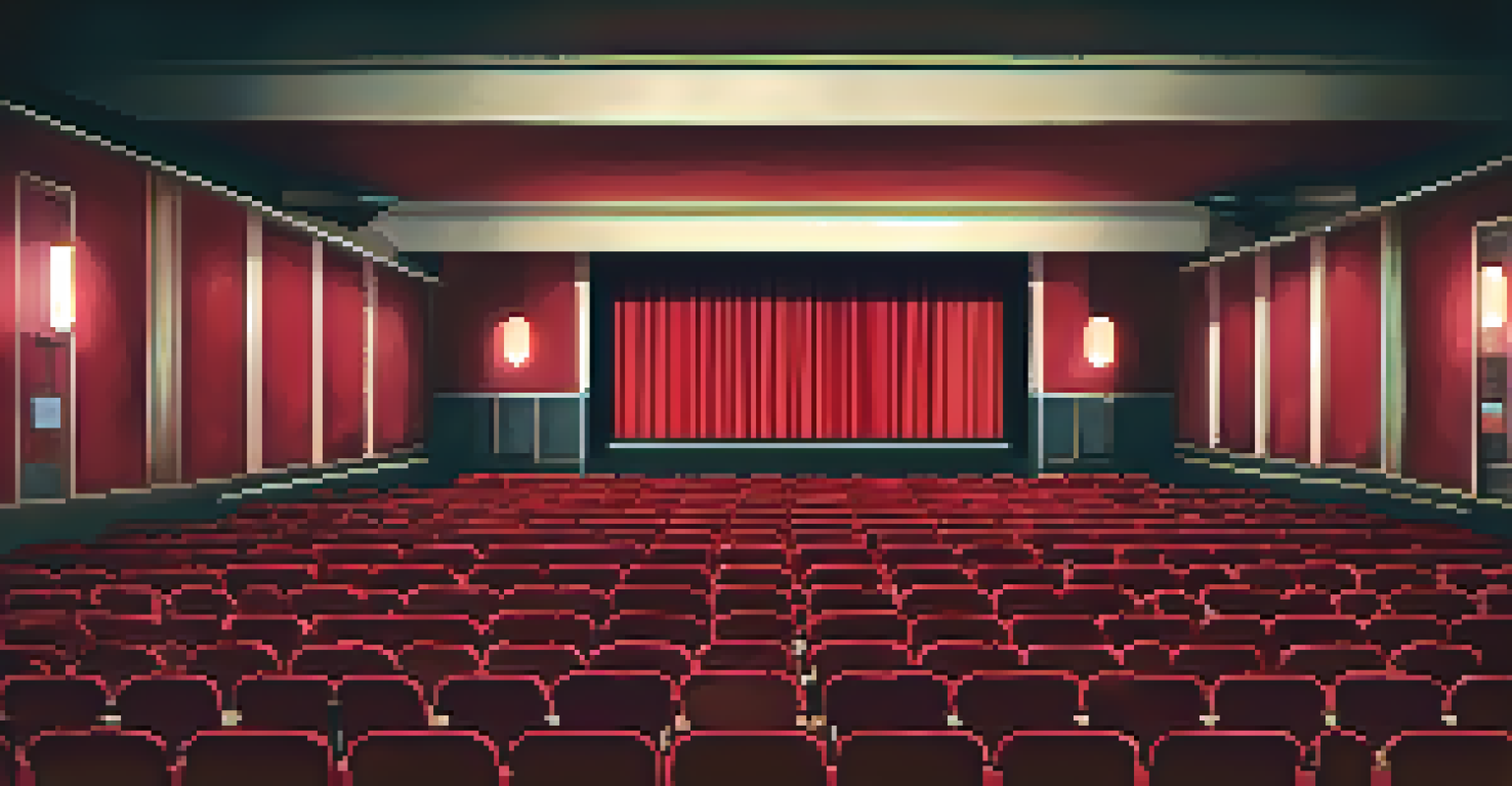 An empty cinema hall with red seats and a spotlight on the screen, evoking a sense of anticipation and silence.