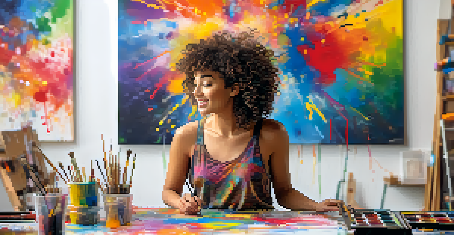 An artist passionately painting in a colorful studio, with music notes floating around her, symbolizing the link between music and creativity.