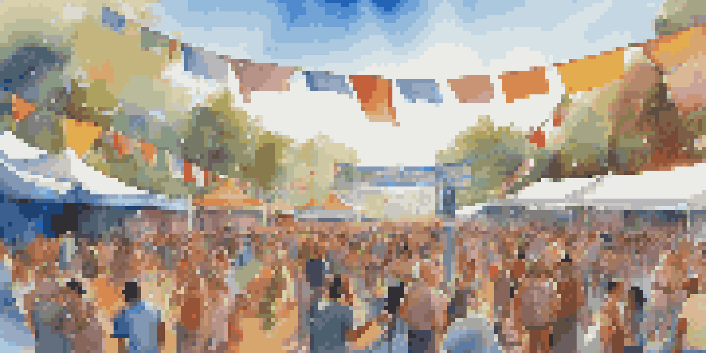 A lively outdoor music festival with a diverse audience enjoying performances, colorful decorations, and bright blue skies.