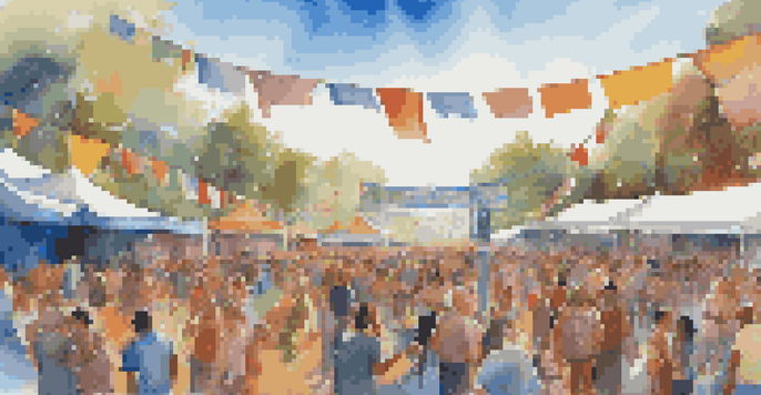 A lively outdoor music festival with a diverse audience enjoying performances, colorful decorations, and bright blue skies.