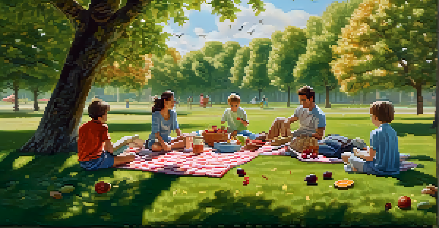A family enjoying a picnic in a sunny park with a blanket, food, and children playing nearby.