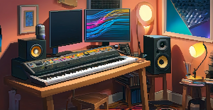 A home music studio featuring a computer, musical instruments, and colorful soundwave patterns.