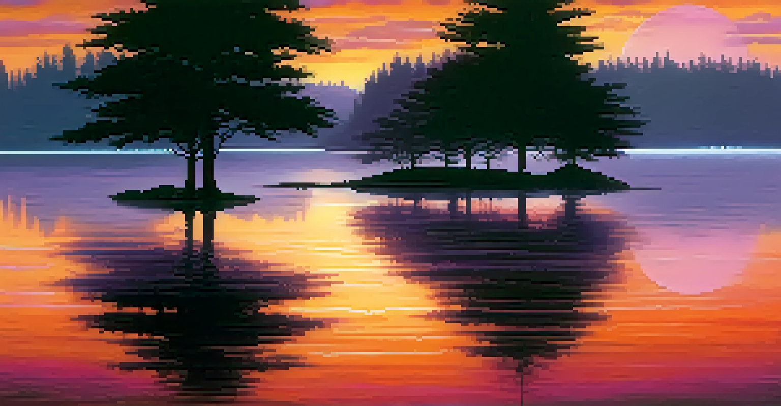 A peaceful sunset over a calm lake, with colorful reflections and silhouetted trees.