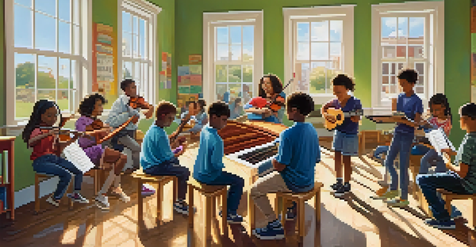 A lively classroom with diverse students engaged in a music lesson, surrounded by instruments and colorful decorations, illuminated by sunlight.