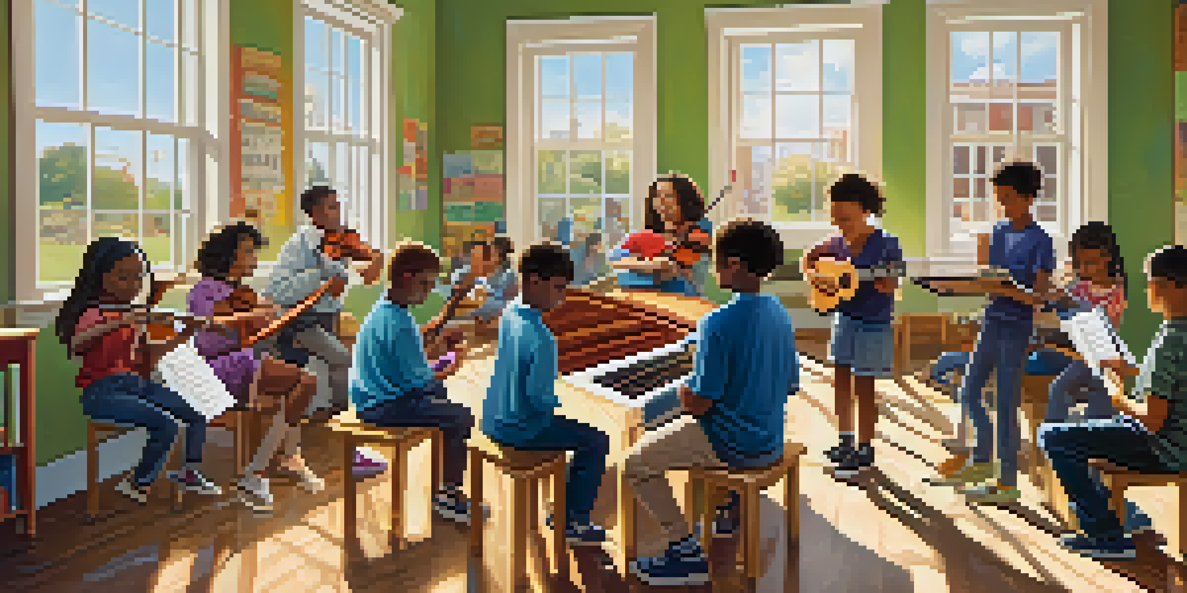 A lively classroom with diverse students engaged in a music lesson, surrounded by instruments and colorful decorations, illuminated by sunlight.