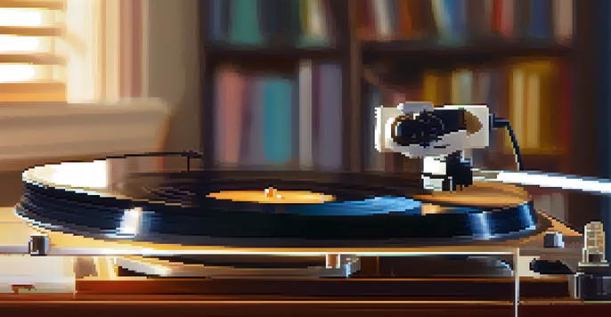 A close-up view of a vinyl record on a turntable, illuminated by warm light, with a blurred background of bookshelves and musical instruments.