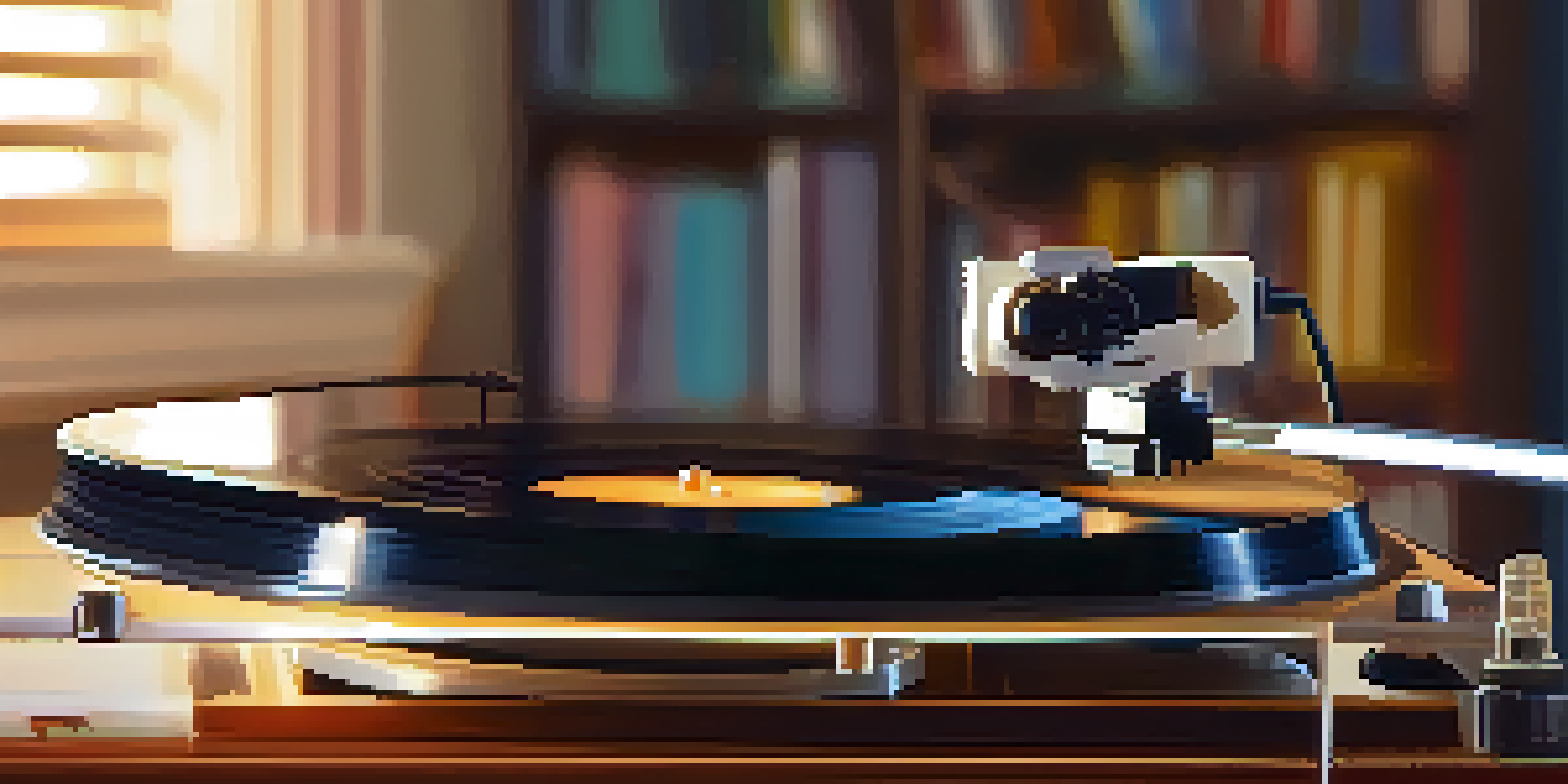 A close-up view of a vinyl record on a turntable, illuminated by warm light, with a blurred background of bookshelves and musical instruments.