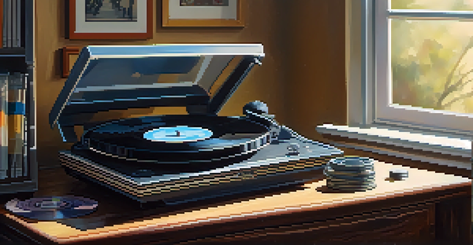 A vintage vinyl record player with scattered records and cassette tapes on a wooden table, illuminated by soft morning light.