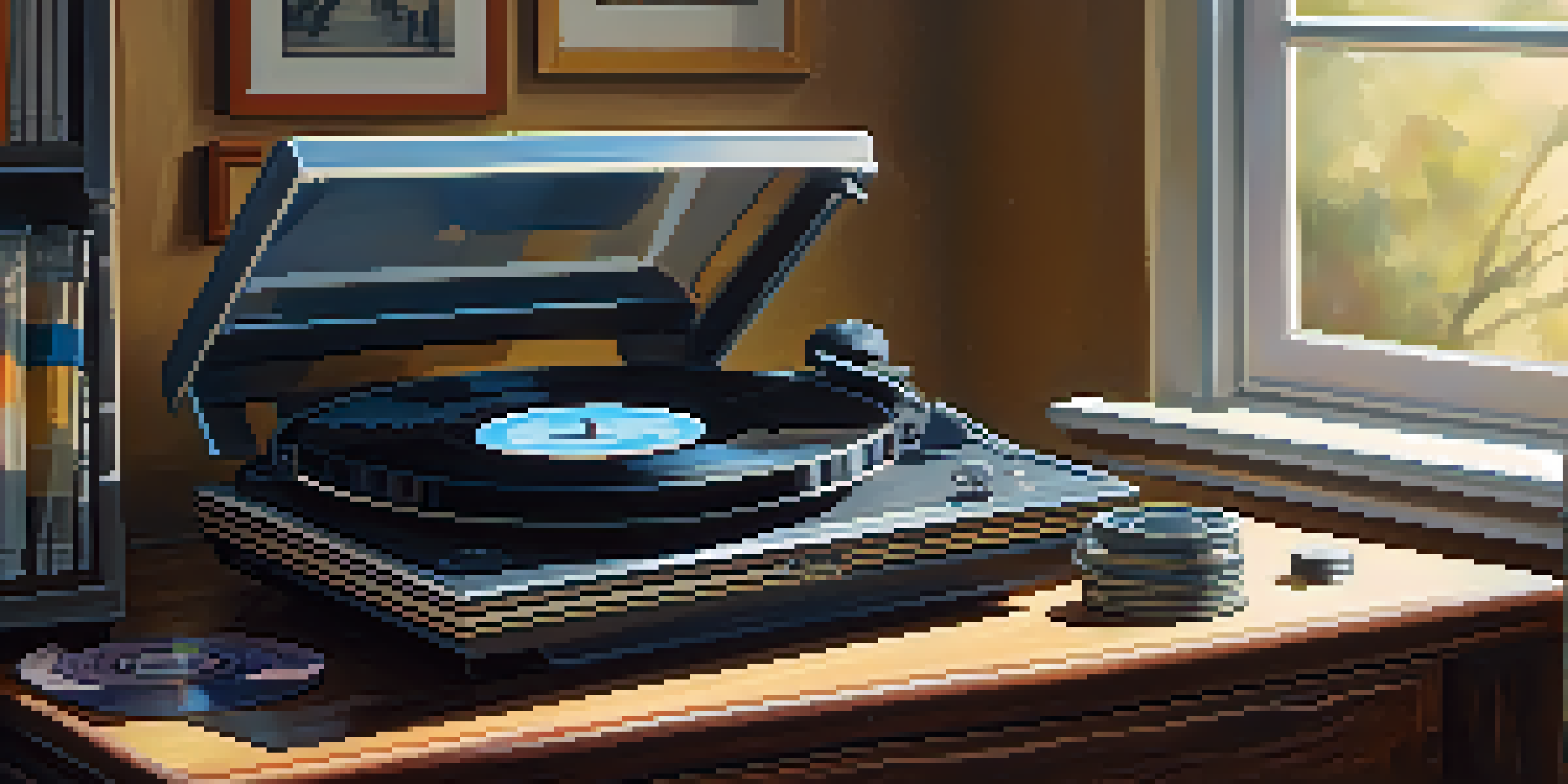 A vintage vinyl record player with scattered records and cassette tapes on a wooden table, illuminated by soft morning light.
