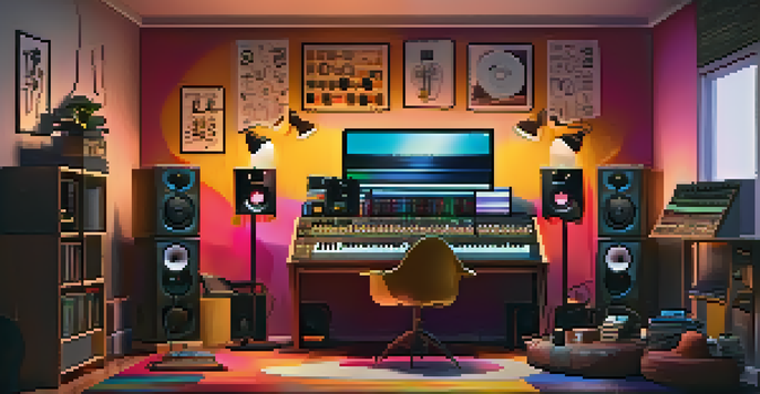 A cozy home studio with a digital audio workstation, MIDI keyboard, and warm lighting, surrounded by music notes and vinyl records.