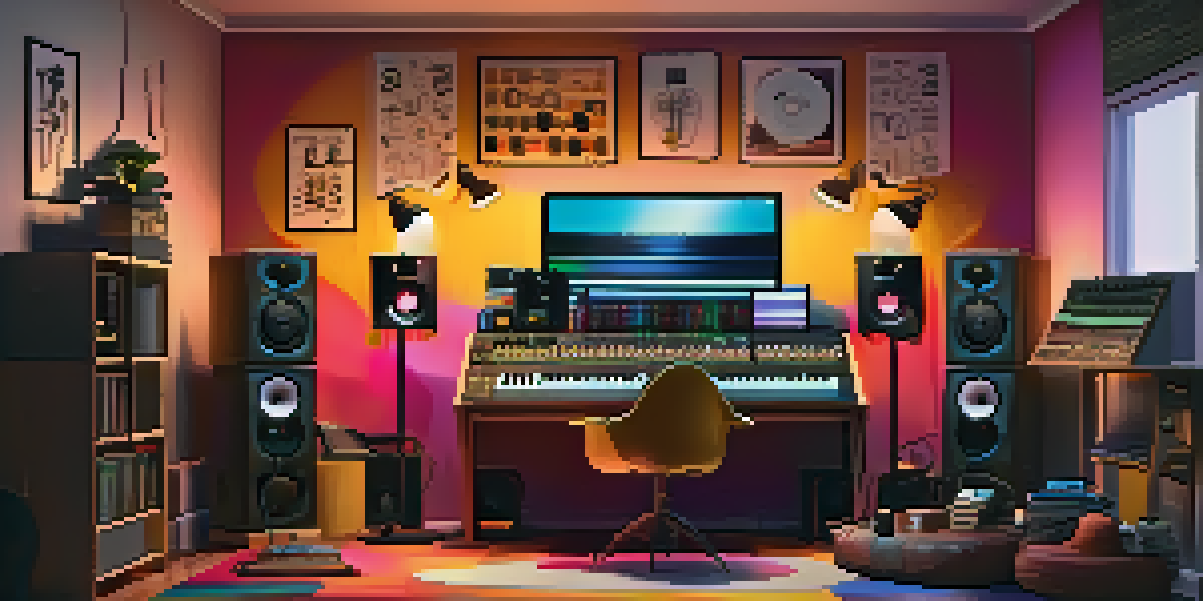 A cozy home studio with a digital audio workstation, MIDI keyboard, and warm lighting, surrounded by music notes and vinyl records.