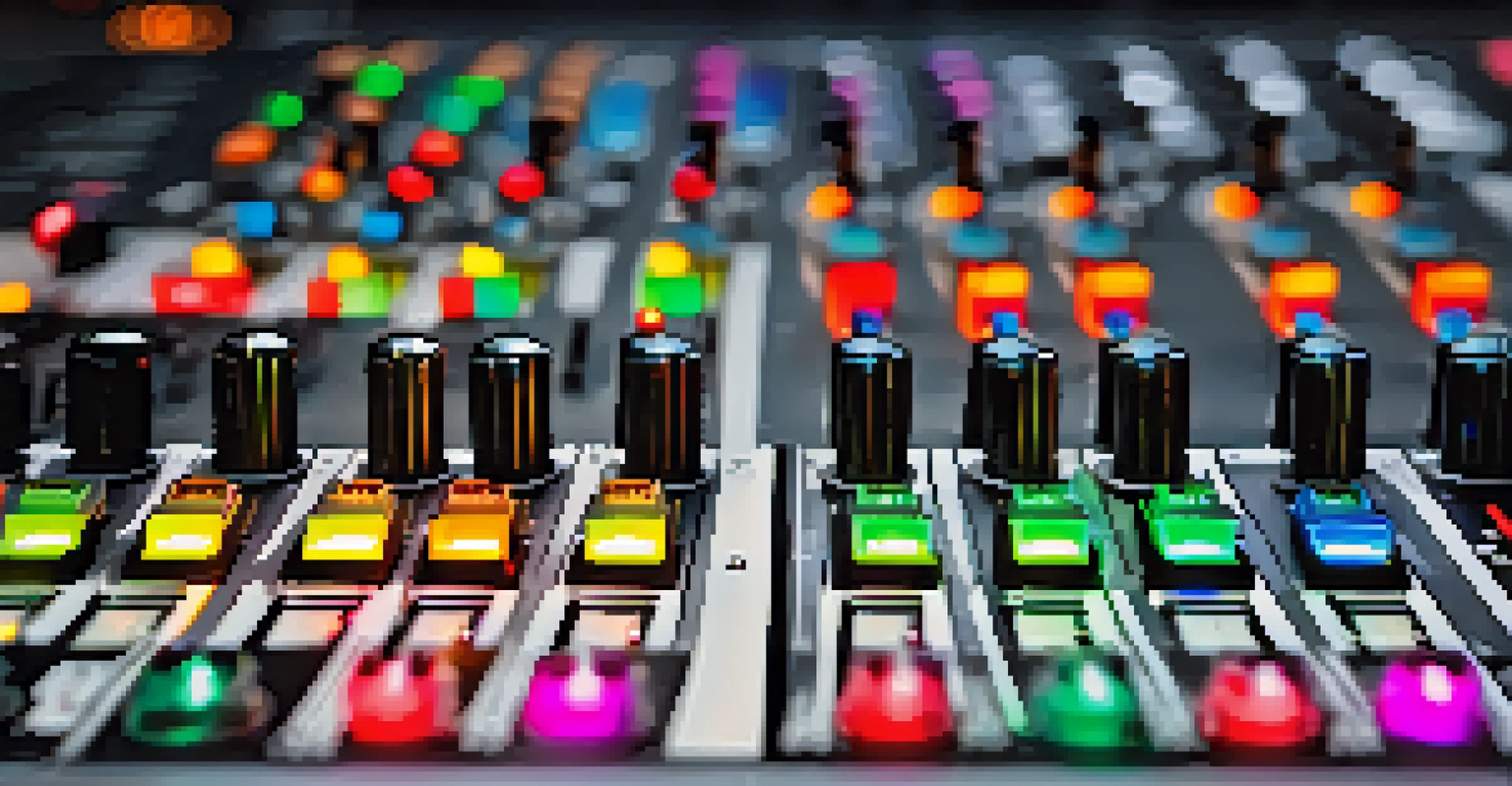 A close-up view of a sound mixing console with colorful knobs and LED lights in a music production setting.