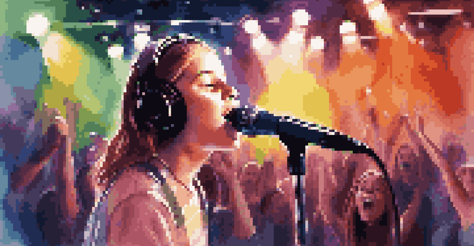 A teenage girl performing on stage with a microphone, surrounded by classmates playing instruments in a vibrant showcase setting.