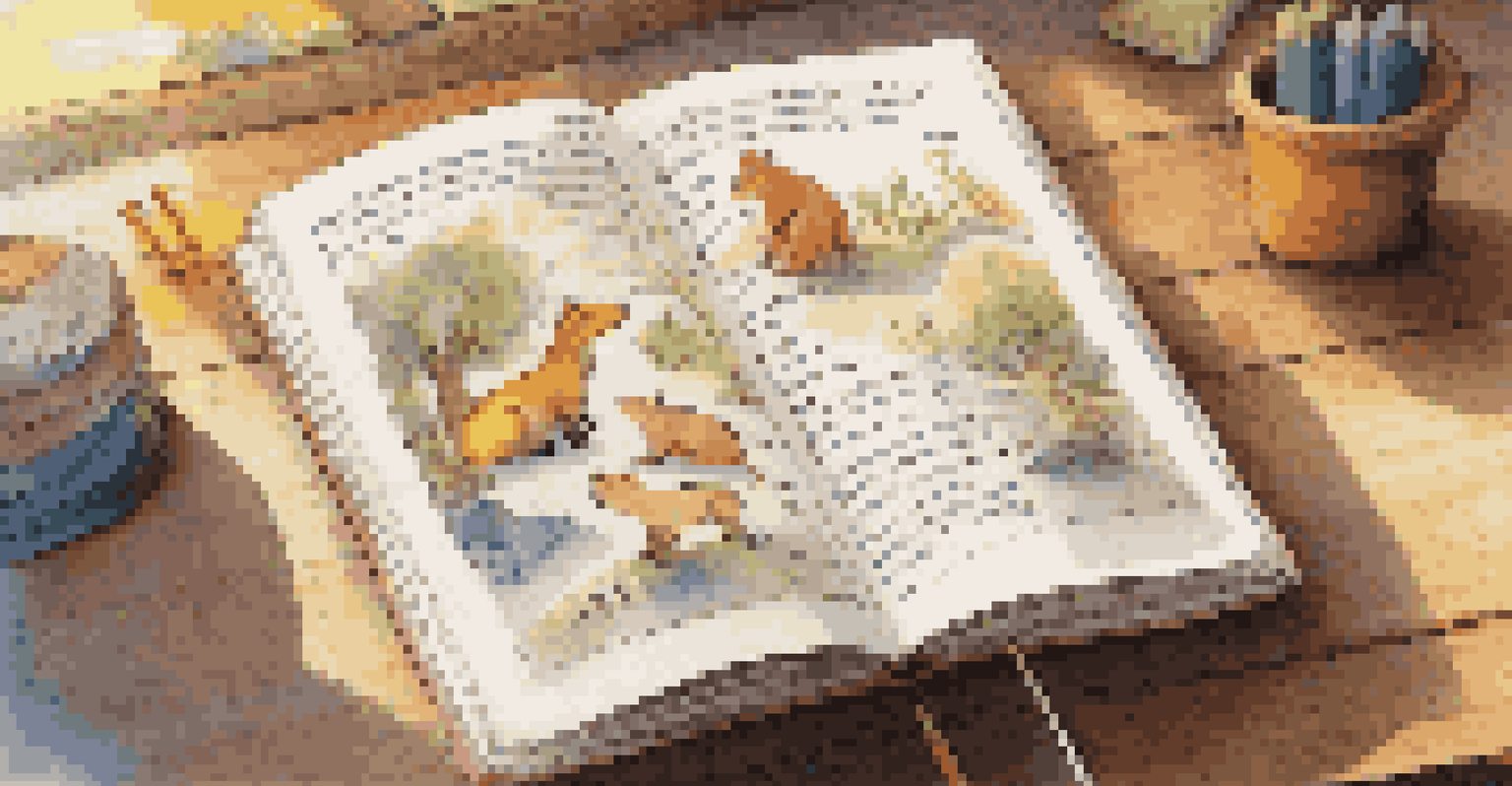 An open children's songbook displaying lyrics and colorful illustrations of animals, placed on a table with a crayon drawing, illuminated by warm sunlight.