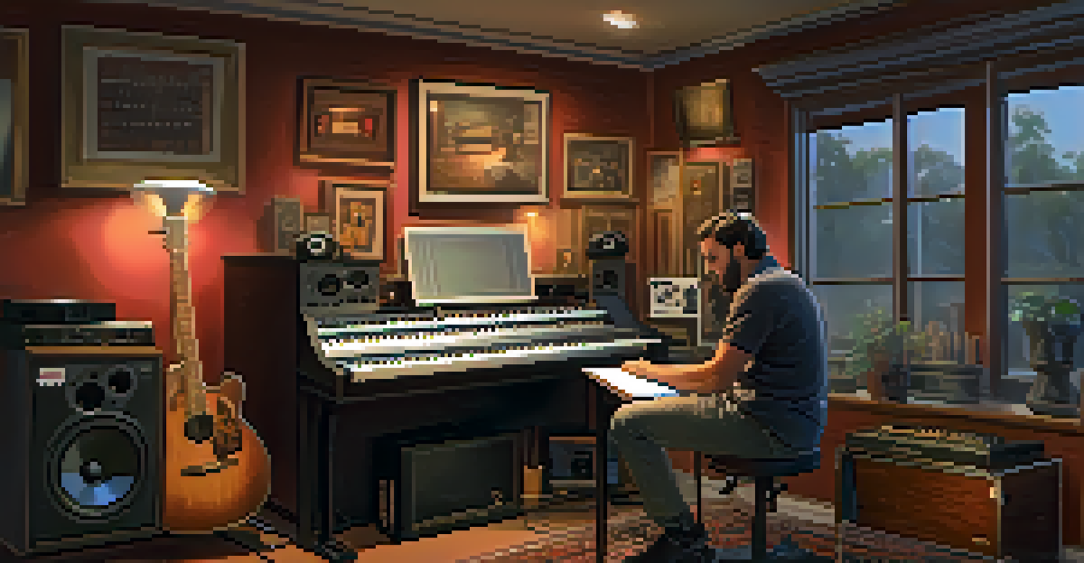 An artist in a recording studio having a conversation with a cultural advisor, surrounded by instruments and warm lighting.
