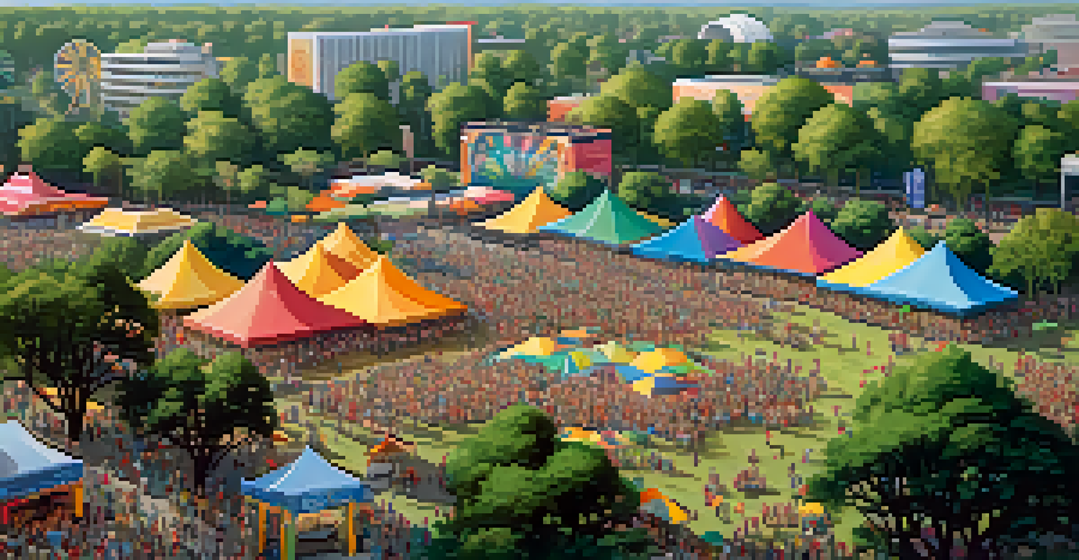 An aerial view of a busy music festival in a green park, with many attendees, colorful tents, and a large stage.