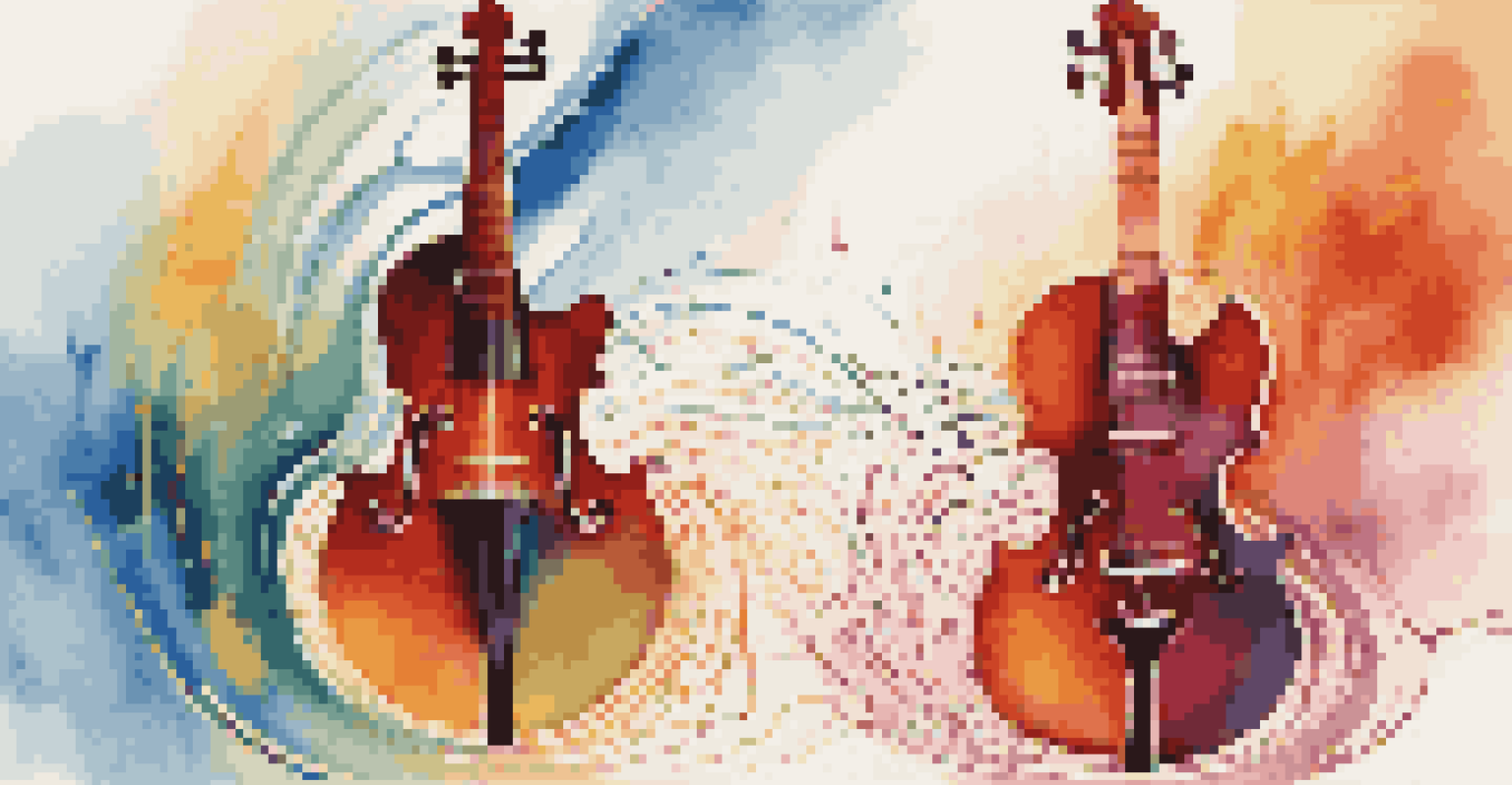 Abstract illustration of sound waves from an acoustic violin and an electric guitar, showcasing contrasting colors and shapes.