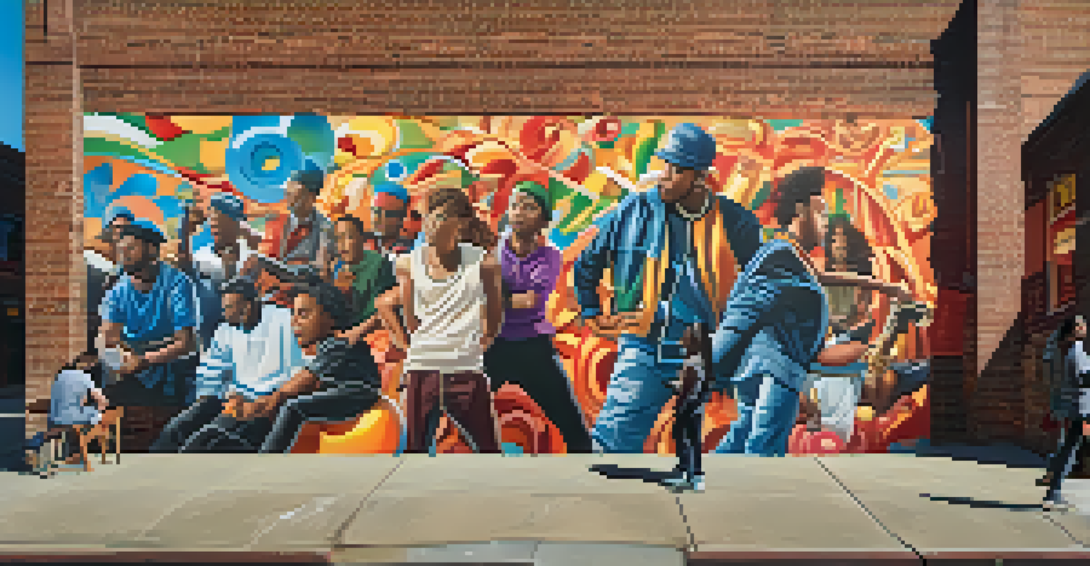 A colorful mural blending various musical genres on a brick wall, with people appreciating the art in the foreground under warm sunlight.