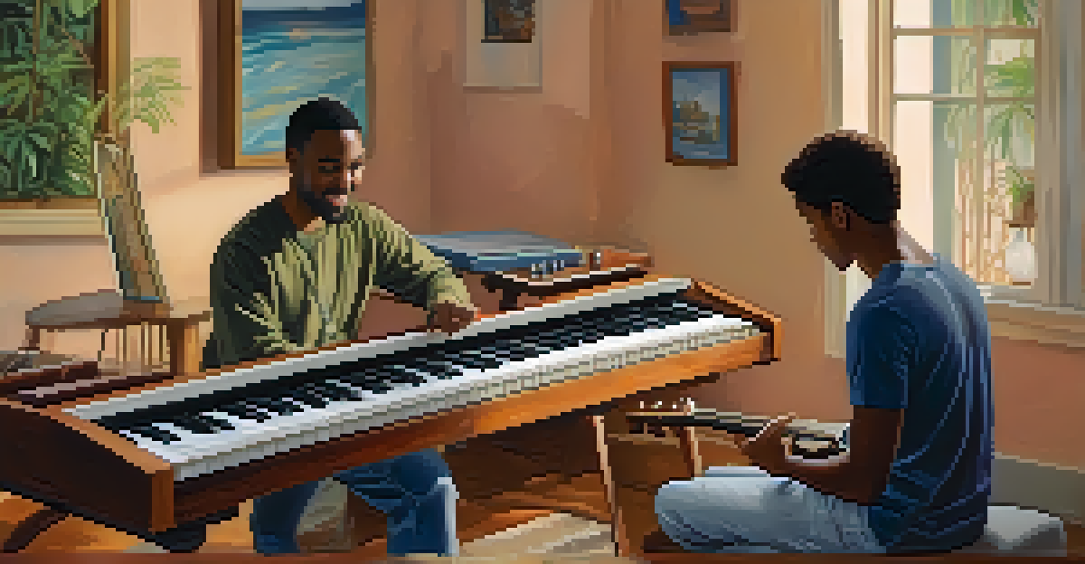 An artistic depiction of a music therapy session with a therapist and a client, surrounded by musical instruments and calming colors.