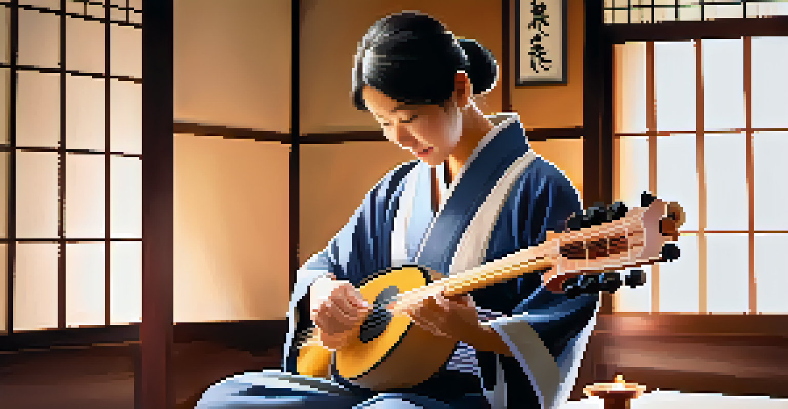 A therapist and client in a music therapy session, with the client playing a shamisen in a warm, soothing environment.