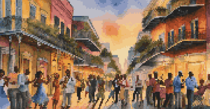 A lively street scene in New Orleans with jazz musicians and a dancing crowd during sunset.
