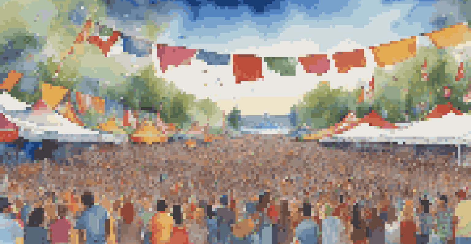 A panoramic view of a lively music festival with diverse performances, colorful tents, and a joyful crowd.
