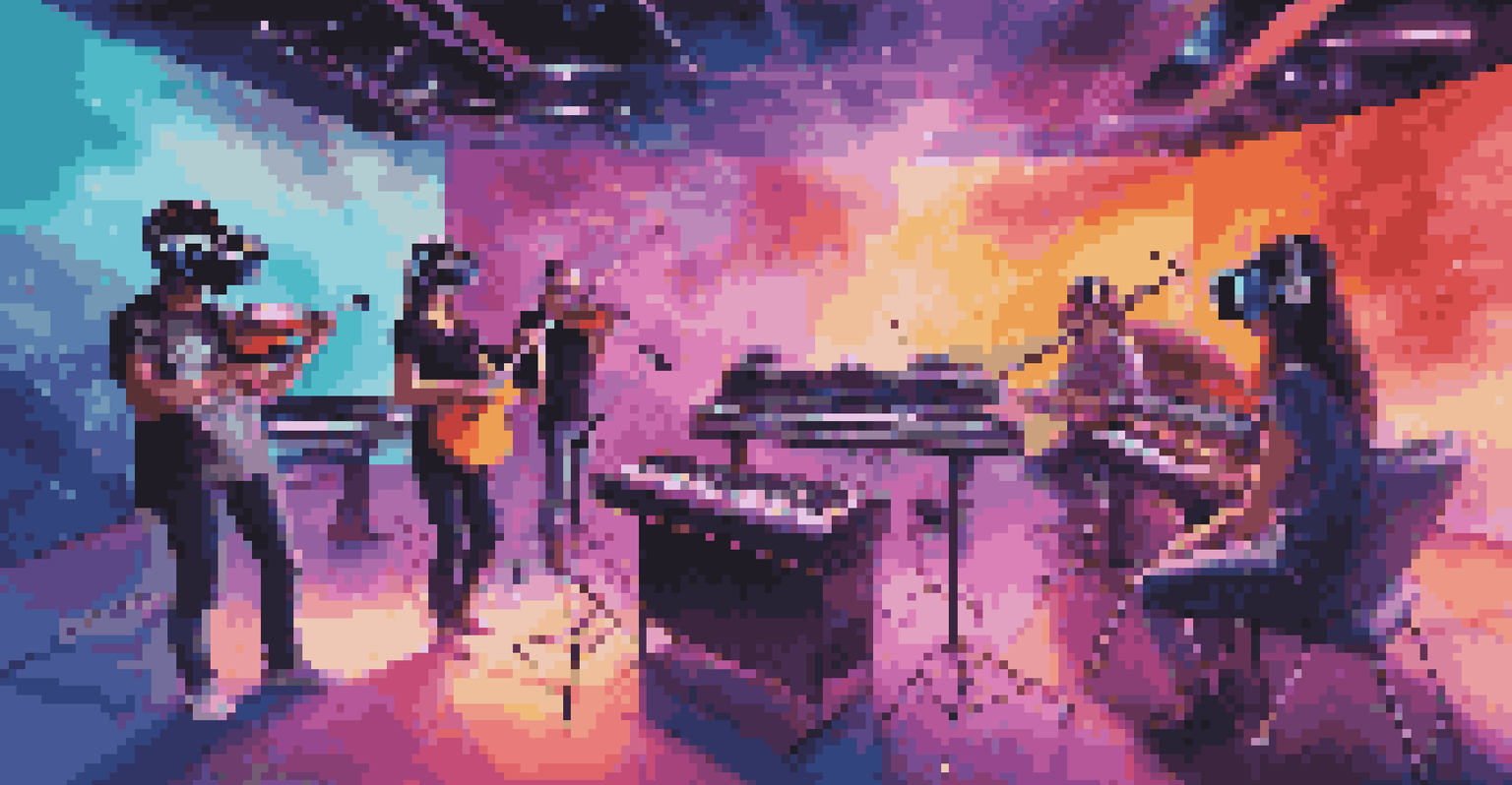 Students using VR headsets in a futuristic music studio with holographic instruments and vibrant colors.
